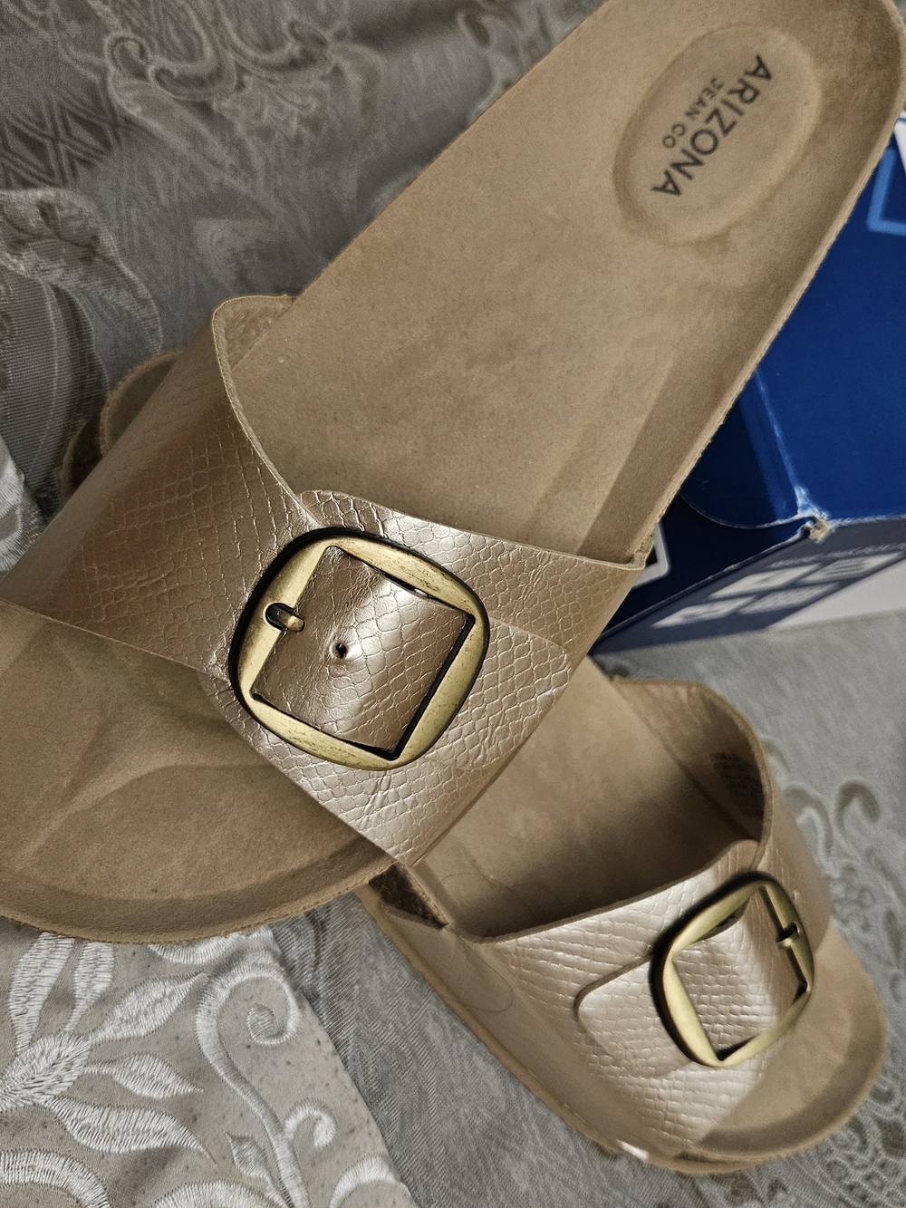 Arizona Jean Company Champagne Slide Sandals with Gold Buckle